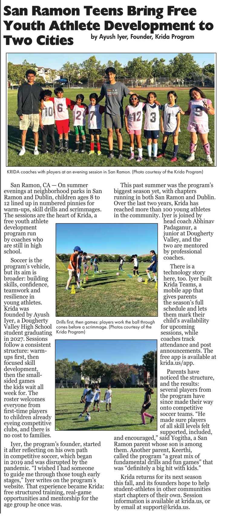 Diablo Gazette, October 2026, page 25: San Ramon Teens Bring Free Youth Athlete Development to Two Cities, by Ayush Iyer, Founder, Krida Program. Covers Krida's growth to over 100 young athletes across San Ramon and Dublin, the Krida Teams app, and parent testimonials from Yogitha and Keerthi.